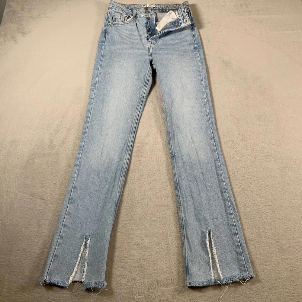 Zara‎ Jeans Womens 2 High Rise Straight Leg Distressed Button Fly Denim Pants